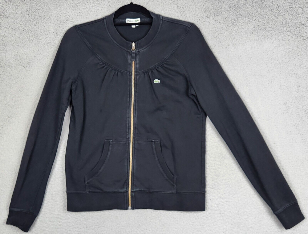 LACOSTE Jacket Womens Size 42 US Medium Black Full Zip 100% Cotton Pockets Croc